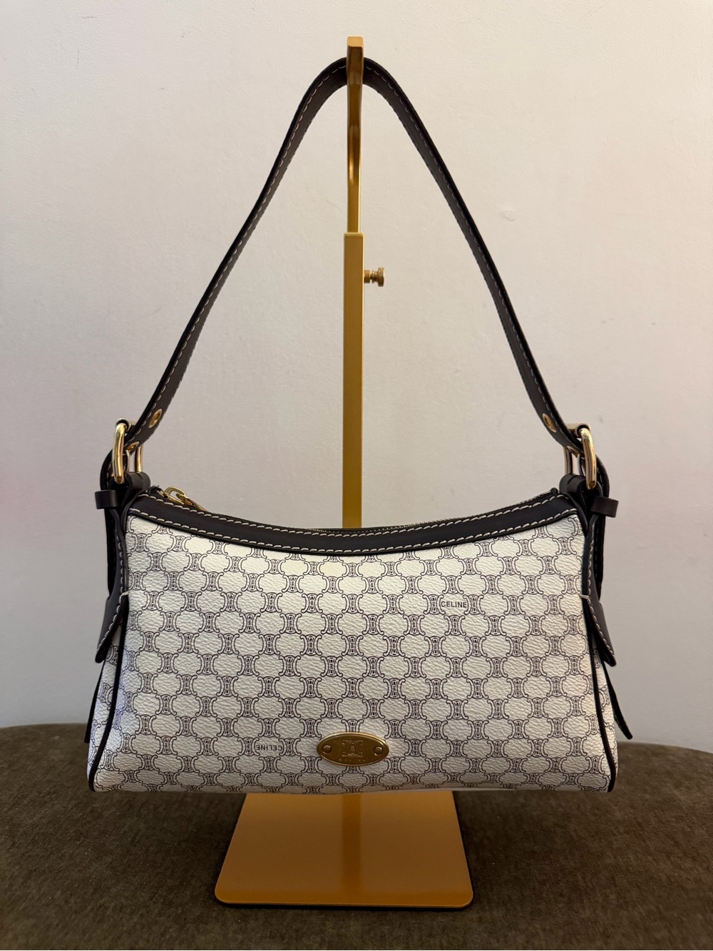 Celine White Signature Canvas Shoulder Bag with Brown Trim